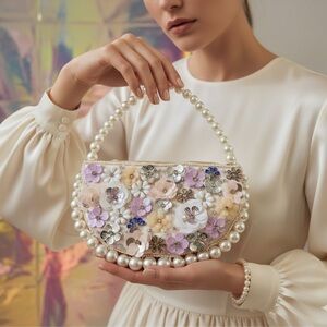 NWT Haute Hippie floral sequin Pearl-Trimmed shoulder bag in Cream
